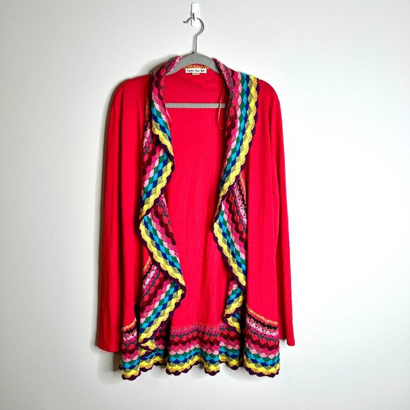 Double Zero Nordstrom Red Granny Square Crochet Waterfall Cardigan Boho Sz L - Picture 1 of 4